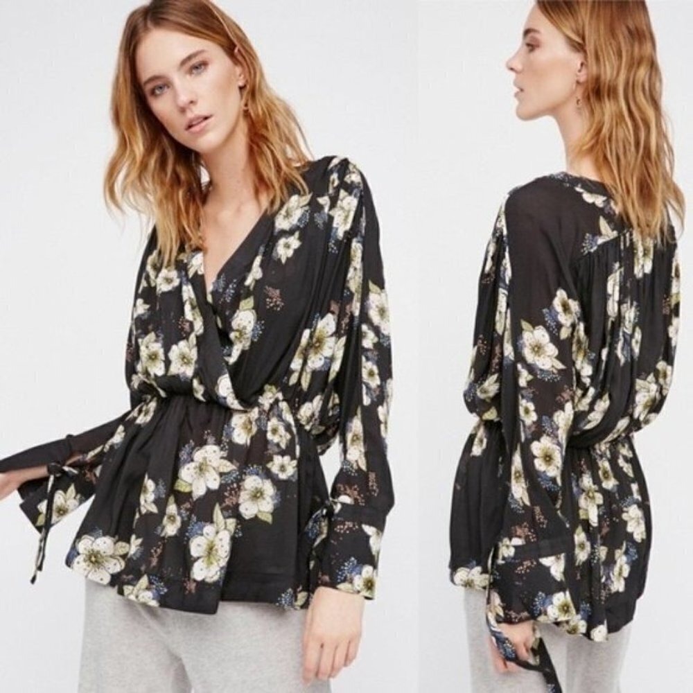 Free People Black Floral Wrap Peplum Blouse Tie Sleeve Boho Casual Womens S